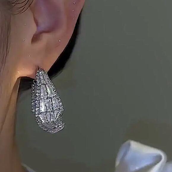 Double Edge Side Zircon Earrings, Dangle Wedding Anniversary Bridal - Picture 5 of 6